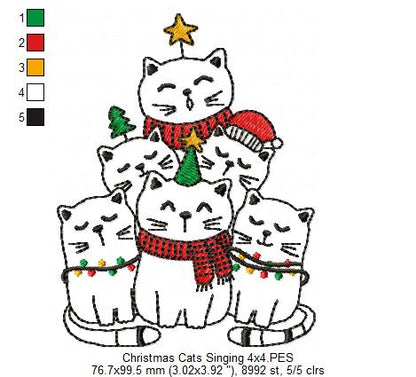 Christmas Cats Singing - Redwork - Machine Embroidery Design