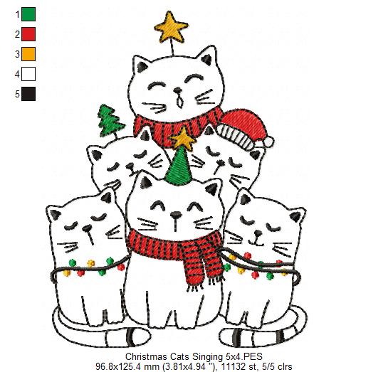 Christmas Cats Singing - Redwork - Machine Embroidery Design