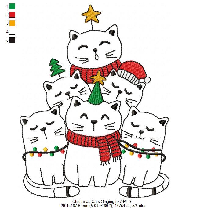 Christmas Cats Singing - Redwork - Machine Embroidery Design
