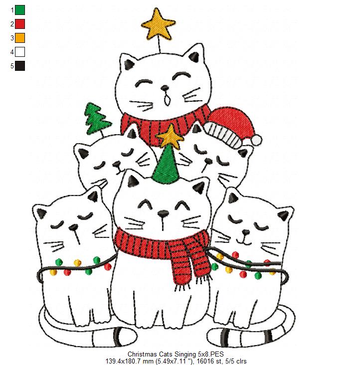 Christmas Cats Singing - Redwork - Machine Embroidery Design