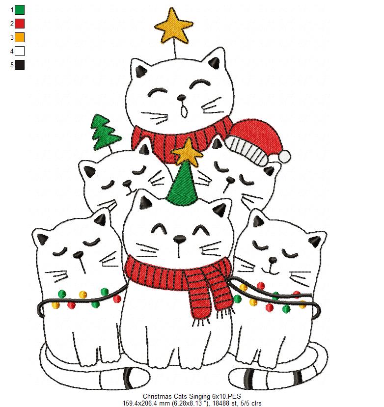 Christmas Cats Singing - Redwork - Machine Embroidery Design