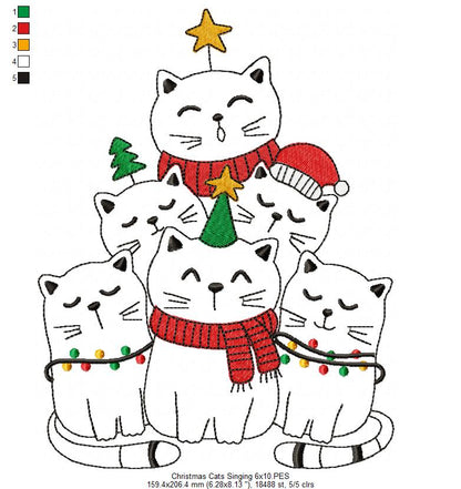 Christmas Cats Singing - Redwork - Machine Embroidery Design