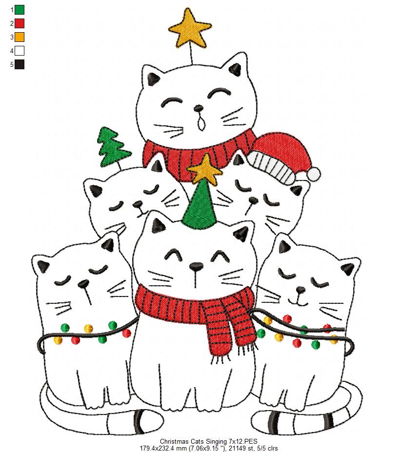 Christmas Cats Singing - Redwork - Machine Embroidery Design