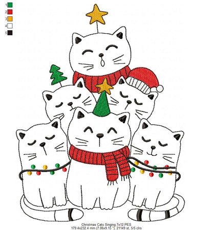 Christmas Cats Singing - Redwork - Machine Embroidery Design