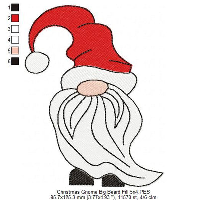 Christmas Gnome Santa Claus Big Hat, Mustache and Beard - Fill Stitch - Set of 3 designs