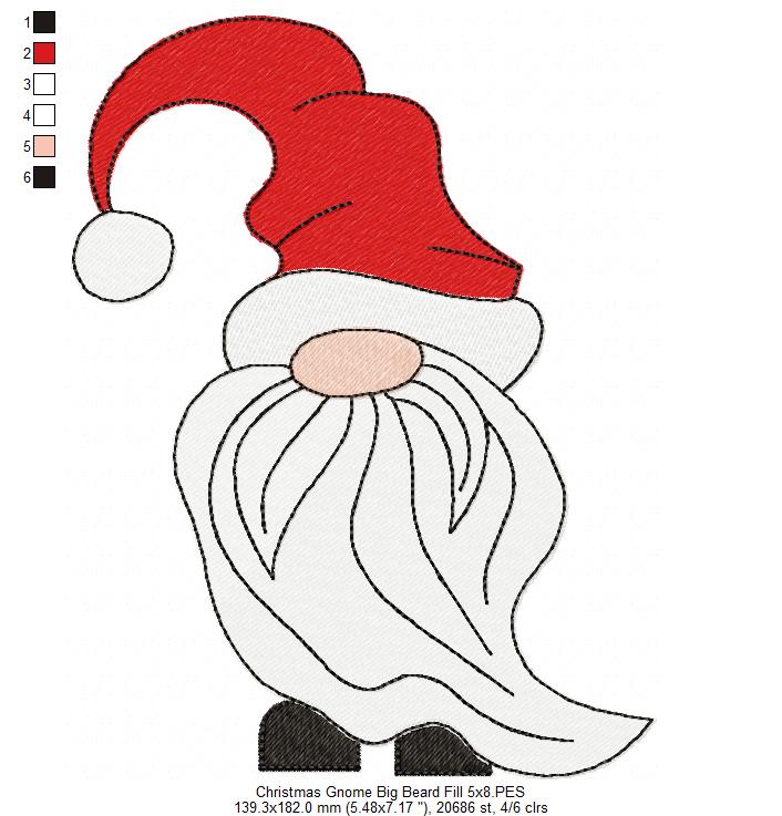 Christmas Gnome Santa Claus Big Hat, Mustache and Beard - Fill Stitch - Set of 3 designs