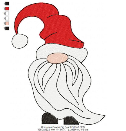 Christmas Gnome Santa Claus Big Hat, Mustache and Beard - Fill Stitch - Set of 3 designs