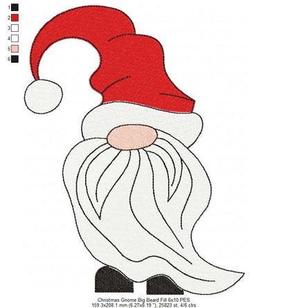 Christmas Gnome Santa Claus Big Hat, Mustache and Beard - Fill Stitch - Set of 3 designs