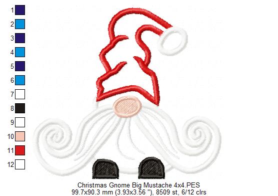 Christmas Gnome Santa Claus Big Mustache - Fill Stitch, Applique & Rippled - Set of 3 designs