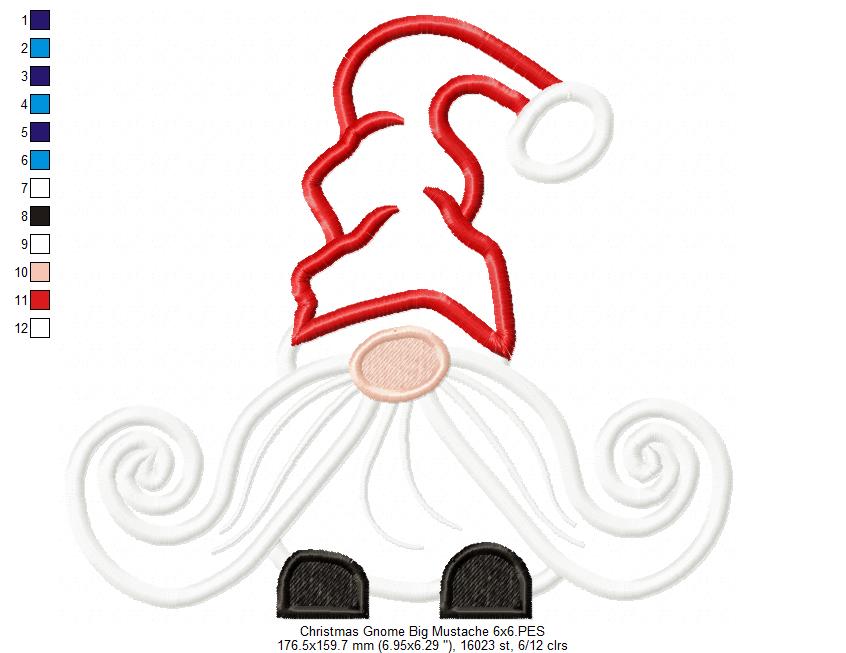 Christmas Gnome Santa Claus Big Mustache - Applique - Machine Embroidery Design
