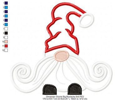 Christmas Gnome Santa Claus Big Mustache - Fill Stitch, Applique & Rippled - Set of 3 designs