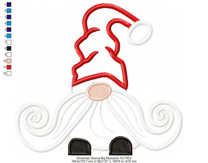 Christmas Gnome Santa Claus Big Mustache - Fill Stitch, Applique & Rippled - Set of 3 designs
