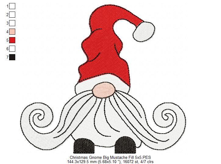 Christmas Gnome Santa Claus Big Hat, Mustache and Beard - Fill Stitch - Set of 3 designs