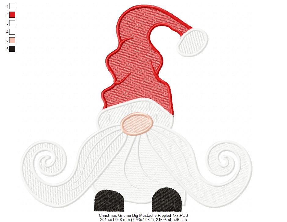 Christmas Gnome Santa Claus Big Mustache - Fill Stitch, Applique & Rippled - Set of 3 designs