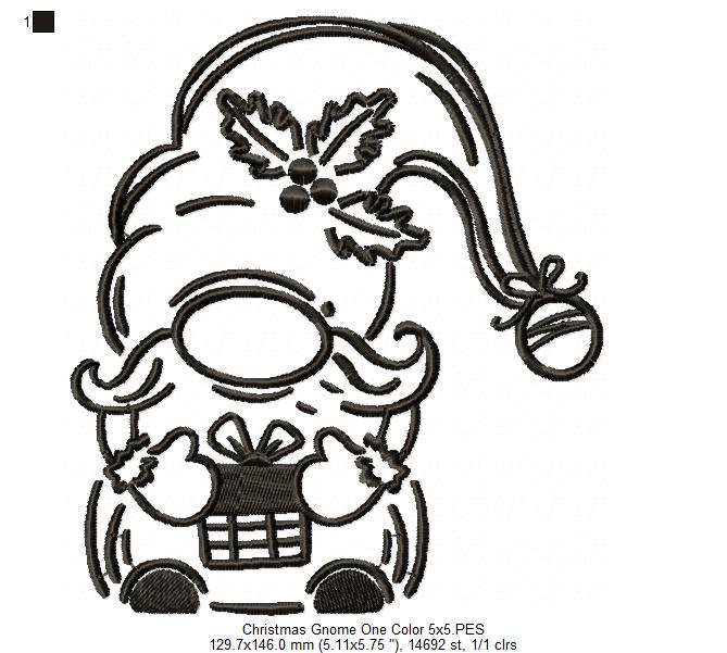 Christmas Gnome One Color - Fill Stitch - Machine Embroidery Design