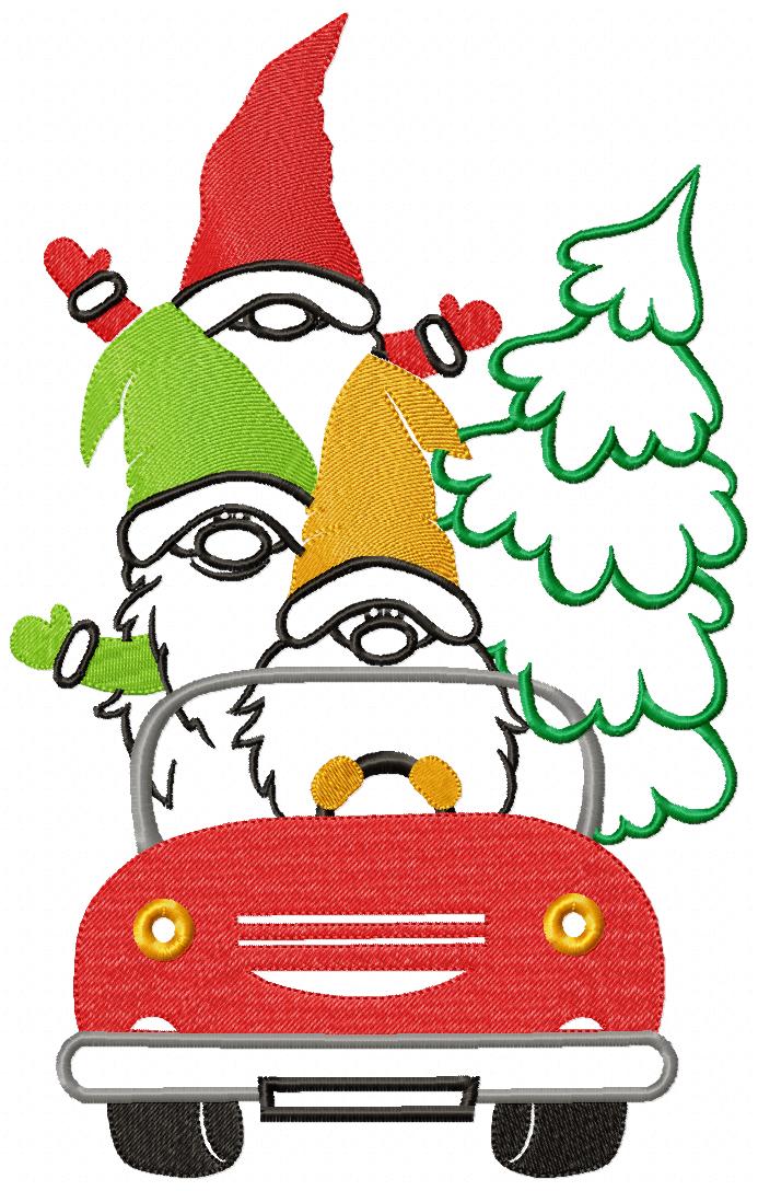Christmas Gnomes Driving a Car - Fill Stitch