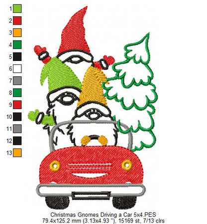 Christmas Gnomes Driving a Car - Fill Stitch