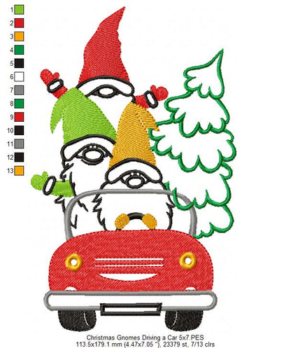 Christmas Gnomes Driving a Car - Fill Stitch