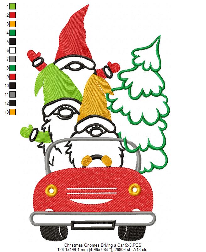 Christmas Gnomes Driving a Car - Fill Stitch