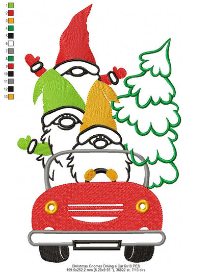 Christmas Gnomes Driving a Car - Fill Stitch