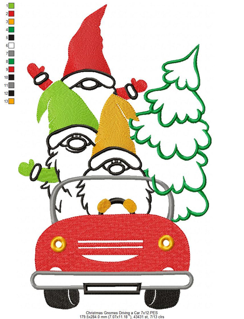 Christmas Gnomes Driving a Car - Fill Stitch