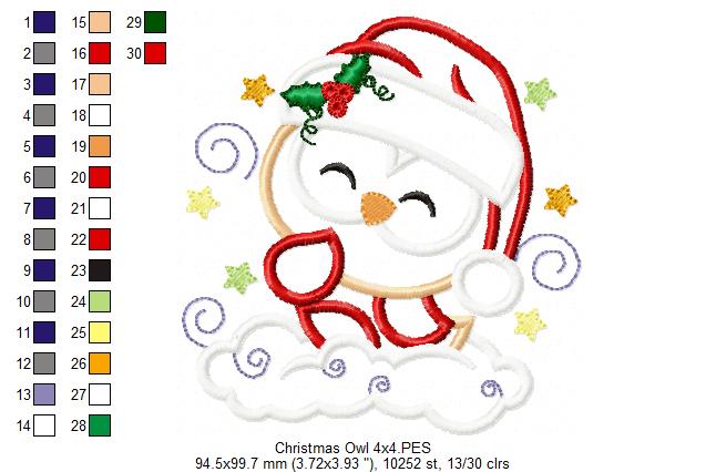 Christmas Santa Owl Smiling - Applique