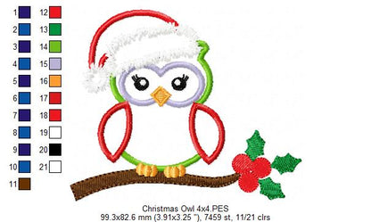 Christmas Santa Owl with Hat - Applique - Machine Embroidery Design