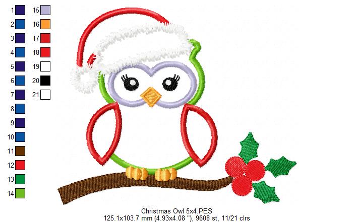 Christmas Santa Owl with Hat - Applique - Machine Embroidery Design