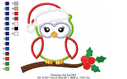 Christmas Santa Owl with Hat - Applique - Machine Embroidery Design
