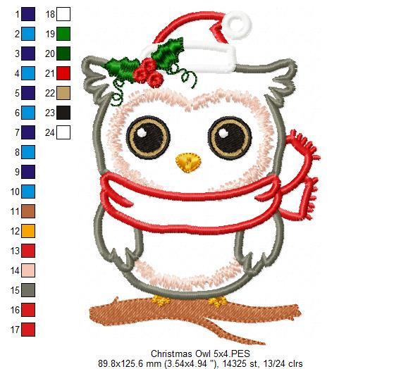 Christmas Santa Owl - Applique - Machine Embroidery Design