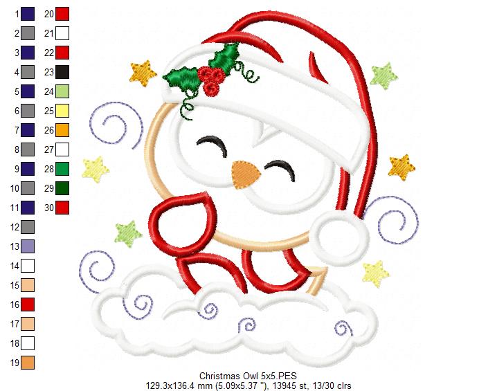 Christmas Santa Owl Smiling - Applique