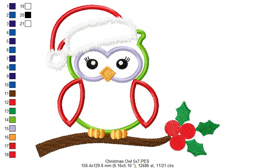 Christmas Santa Owl with Hat - Applique - Machine Embroidery Design