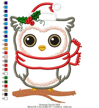 Christmas Santa Owl - Applique - Machine Embroidery Design