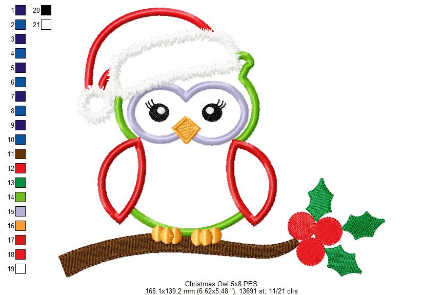 Christmas Santa Owl with Hat - Applique - Machine Embroidery Design