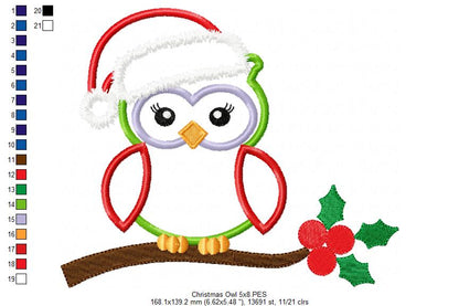 Christmas Santa Owl with Hat - Applique - Machine Embroidery Design