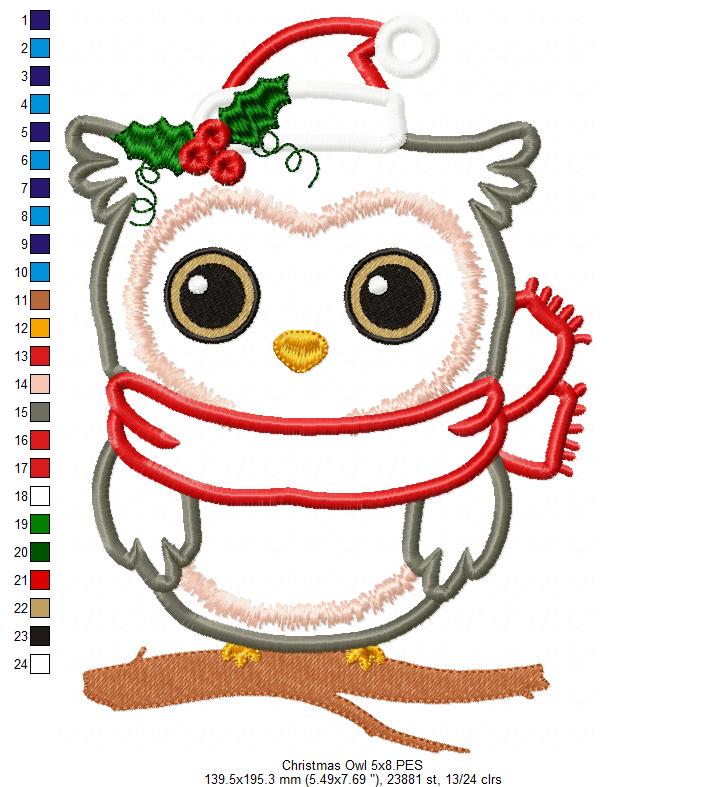Christmas Santa Owl - Applique - Machine Embroidery Design