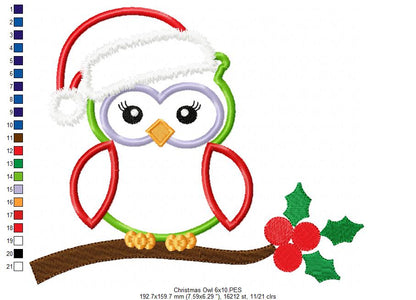 Christmas Santa Owl with Hat - Applique - Machine Embroidery Design