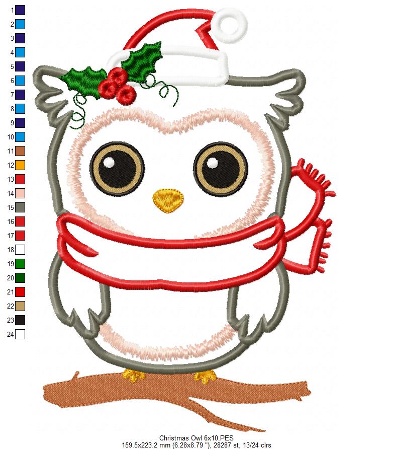 Christmas Santa Owl - Applique - Machine Embroidery Design