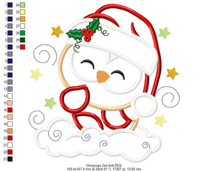 Christmas Santa Owl Smiling - Applique