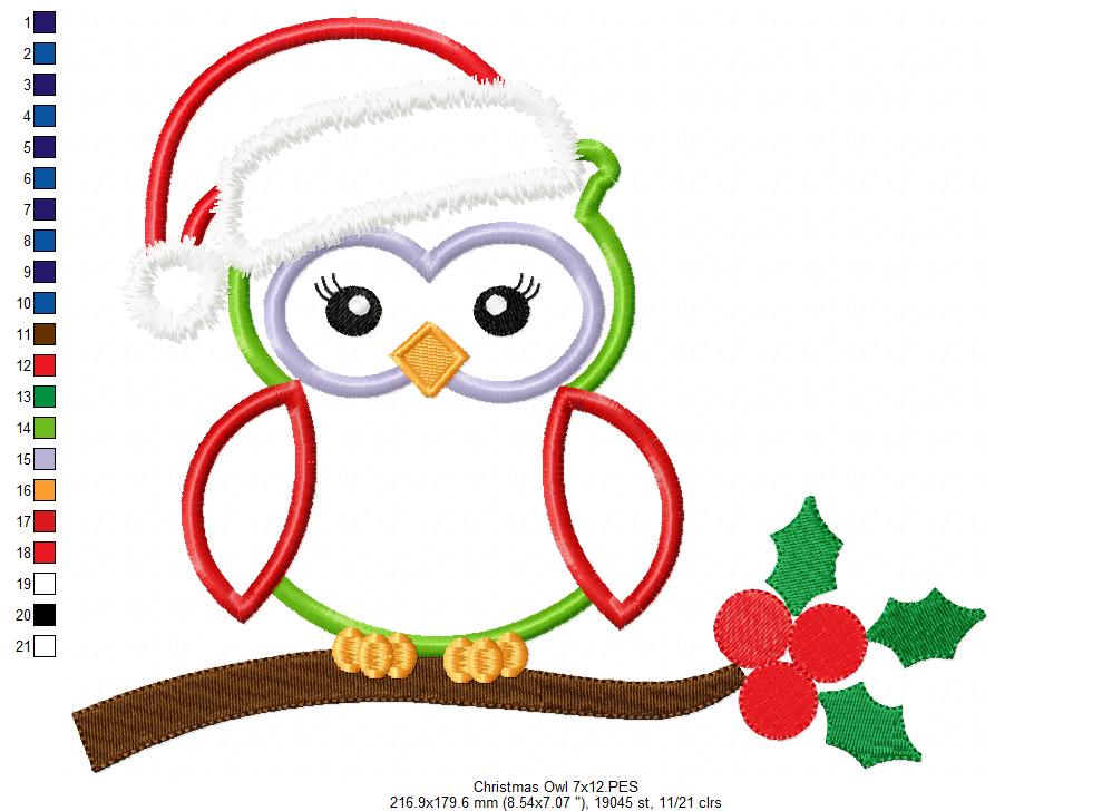 Christmas Santa Owl with Hat - Applique - Machine Embroidery Design