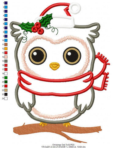 Christmas Santa Owl - Applique - Machine Embroidery Design
