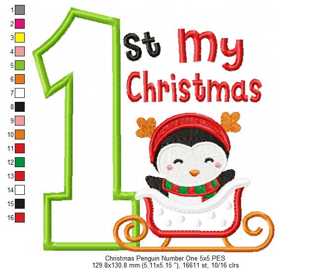 My 1st Christmas Penguin - Applique - Machine Embroidery Design