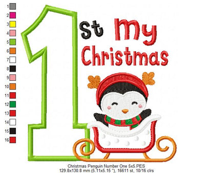 My 1st Christmas Penguin - Applique - Machine Embroidery Design