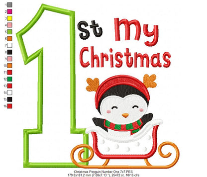My 1st Christmas Penguin - Applique - Machine Embroidery Design