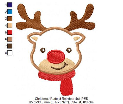Christmas Rudolph Reindeer Smiling - Applique - Machine Embroidery Design