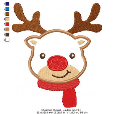 Christmas Rudolph Reindeer Smiling - Applique - Machine Embroidery Design