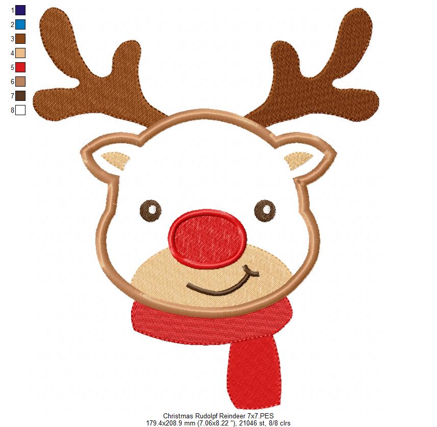 Christmas Rudolph Reindeer Smiling - Applique - Machine Embroidery Design