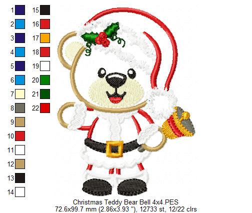 Christmas Teddy Bear Boy and Bell - Applique Machine Embroidery Design