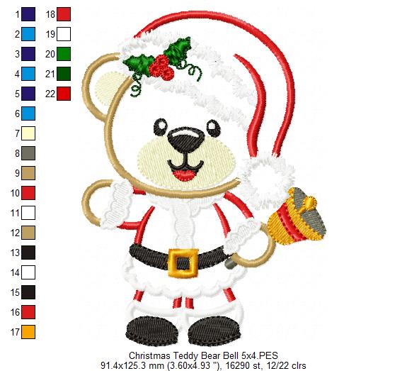 Christmas Teddy Bear Boy and Bell - Applique Machine Embroidery Design