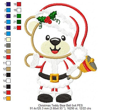 Christmas Teddy Bear Boy and Bell - Applique Machine Embroidery Design